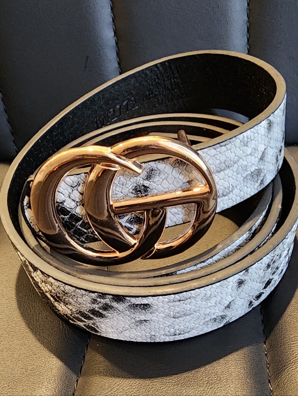 White Snake-Print Faux Leather Belt with Rose Gold Buckle
